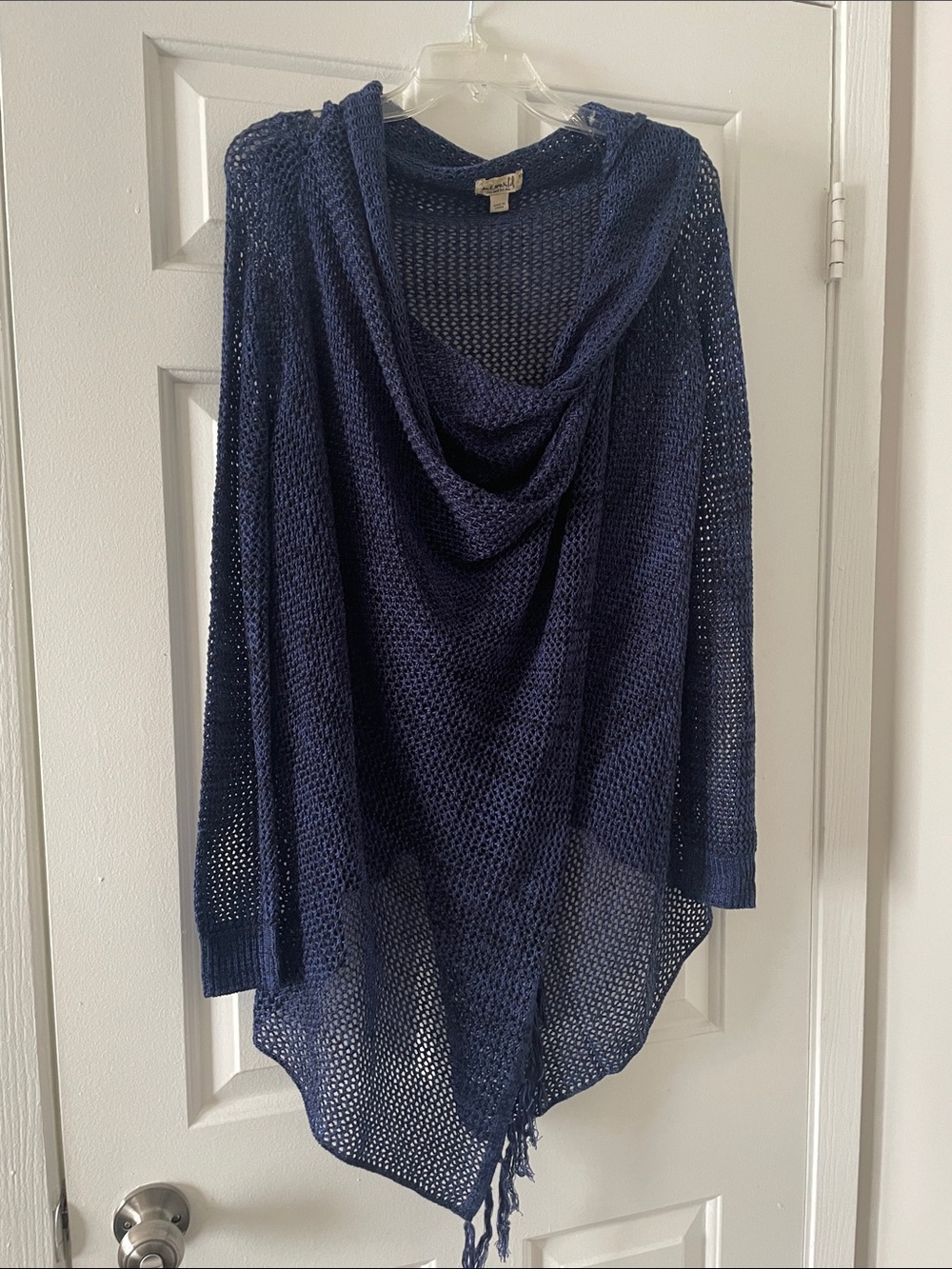 ONE WORLD Navy Open Weave Hooded Poncho Sweater
